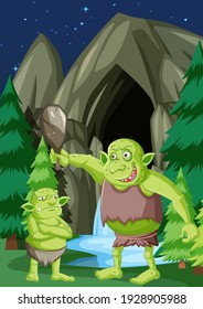 Night scene with goblin or troll cartoon character illustration