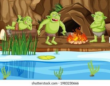 Night scene with goblin or troll cartoon character illustration