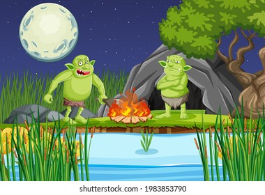 Night scene with goblin or troll cartoon character illustration