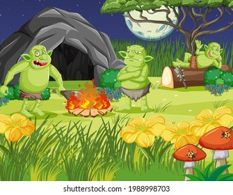 Night scene with goblin or troll cartoon character illustration