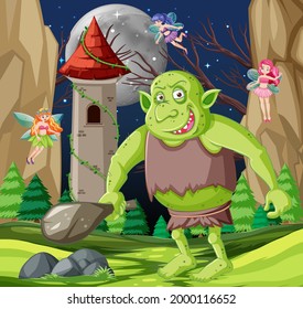 Night scene with goblin or troll cartoon character illustration