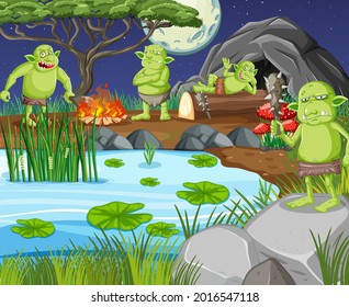 Night scene with goblin or troll cartoon character illustration