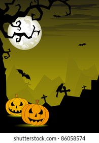 night scene graveyard background with pumpkins, flying bat and crow sit on grave