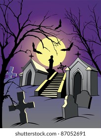 Night scene with a graveyard and the full moon