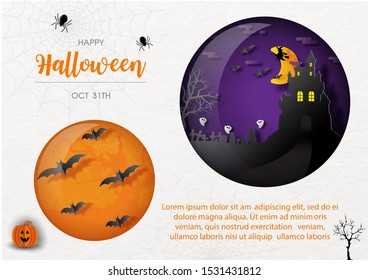 Night scene of Halloween castle and graveyard with flock of bats flying in glass balls on orange background in paper cut design with example texts on paper pattern and white background.