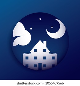 Night scene hotel, tree, moon and star in circle shape on gradient dark blue background vector and illustration