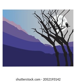 Night scene Illustration with owl and tree