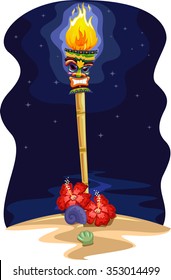 Night Scene Illustration of a Tropical Island with a Tiki Torch on the Shore