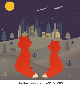 Night scene illustration with two foxes, moon and city landscape