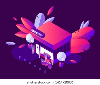 Night scene with isometric grocery shop building. Vivid gradients in purple and pink, decorative greenery and bright 3d city element