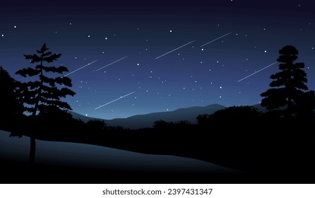 Night scene landscape with meteor showers and stars