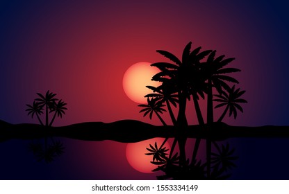 Night scene landscape with palm trees and reflection on water