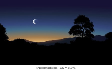 Night scene landscape with tree silhouette
