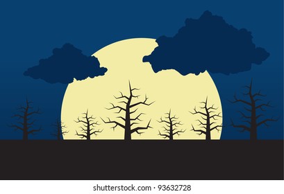 Night scene with large moon and forest
