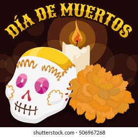 Night scene with a lighted candle, delicious sugar skull and a marigold flower for Mexican "Dia de Muertos" (translate from Spanish: "Day of the Dead").