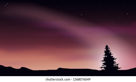 Night scene of a lonely pine. vector illustration