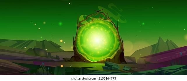 Night scene with magic portal, fantastic energy door to alien world. Vector game background with cartoon fantasy illustration of mountain landscape with mystic green glowing in wooden frame svg