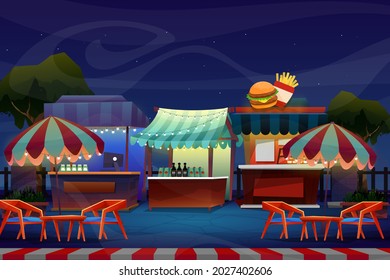 Night scene of mini booth or beverage shop with chair and table under parasol or umbrella near nature park, vector illustration