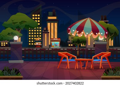 Escena nocturna de mini-cabina o tienda de bebidas con silla y mesa bajo el paraguas cerca del parque natural, Edificio alto en segundo plano, ilustración vectorial