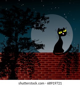 Night scene with moon and black cat sitting on the wall