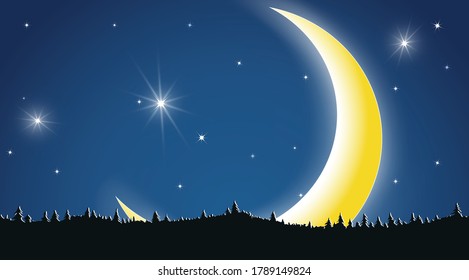 escena nocturna de la luna nocturna en el fondo del bosque. El paisaje lunar en ascenso con estrellas brillantes y brillantes