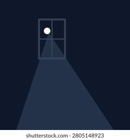 Night scene with moon shining through glass window pane. Beam of light on floor. Conceptual dark room interior design.