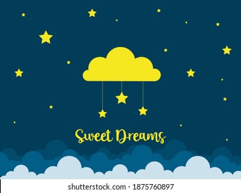 Night scene with moon and stars. Nightly sky with large moon. Good night sky card. Vector illustration with moon and stars night scene. Moonlight universe nature landscape. Astronomy star space.