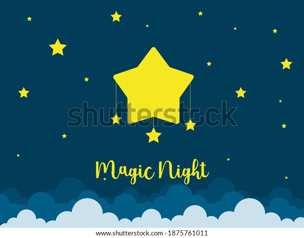 Night scene with moon and stars. Nightly sky with\
large moon. Good night sky card. Vector illustration with moon and\
stars night scene. Moonlight universe nature landscape. Astronomy\
star space.