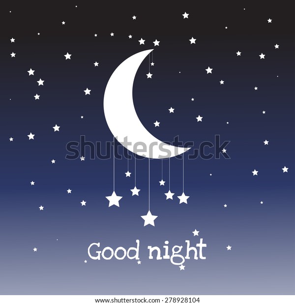 Night scene with moon and stars.Nightly sky with\
large moon. Good night sky card. Vector illustration with moon and\
stars night scene. Moonlight universe nature landscape. Astronomy\
star space.