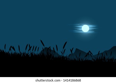 night scene with moonlight at grass field near hill