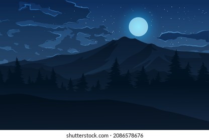 Night scene of mountain with full clouds, full moon and stars