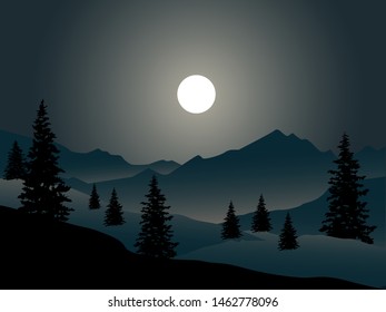 night scene at mountain with pine trees and the moon