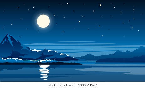 Night scene nature landscape background in mountains near lake with full moon and stars on sky