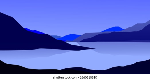 Night scene nature landscape background in mountains near lake