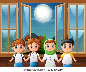 Night scene with open window and four children standing