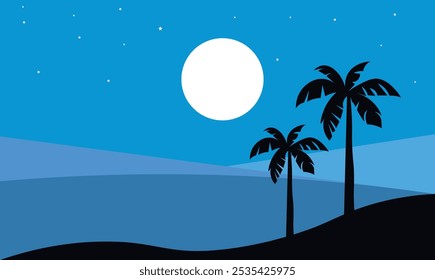 A night scene with palm trees and mountains in the background image