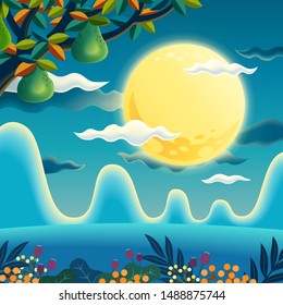 Night scene with pomelo trees and the full moon