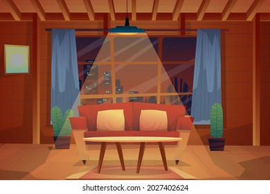 Night scene of red sofa and cushions with coffee table on carpet in living room, lighting from ceiling lamp, vector