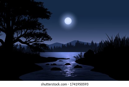 night scene in the river with moonlight and trees 