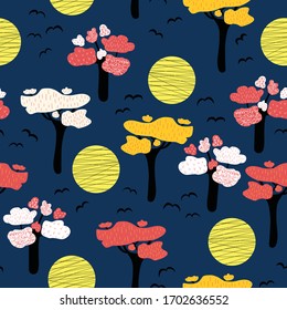 Night scene seamless vector pattern with abstract trees, moon, bats. Repeating nature landscape background on a blue backdrop. Wild African nature pattern. Use for fabric, wallpaper, wrapping