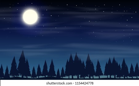 Night scene with silhouette woods illustration