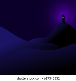 Night scene with simple silhouette of the castle on the hill