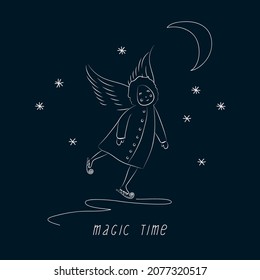 Escena nocturna con ángel de patinaje. Impresión vectorial, tarjeta o afiche. Año Nuevo y tema de Navidad. Diseño de líneas depuradas y minimalistas.