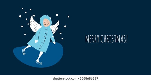 Nachtszene mit Schlittschuhlaufen Engel. Vektordruck, Karte oder Poster. Neujahr und Weihnachtsthema. Flaches, handgezeichnetes Skizzendesign.