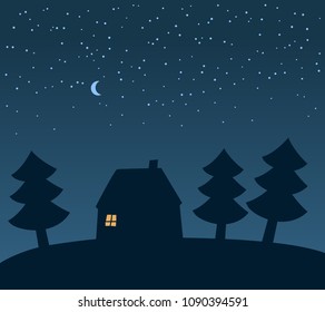 Night scene: small house among fir trees at night, under the moon, vector