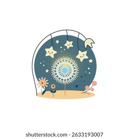 Night scene with stars, moon, and abstract plant.