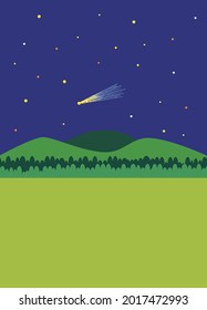 A night scene with stars and one shooting star, mountains and trees