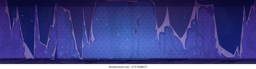 Nachtszene mit zerrissenen Tapeten an verlassener Wand - gebrochene violette Papierränder auf dunkler Oberfläche, leuchtende Partikel und mystische Atmosphäre. Beschädigte Innenausstattung für Horror- oder Mystery-Spielumgebungen.