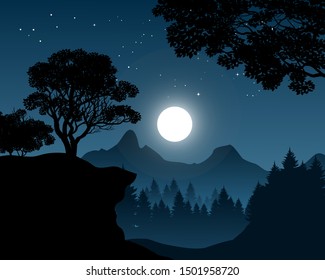 night scene in valley with hills and moonlight