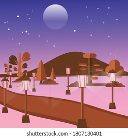 Night scene vector illustration, flat cartoon style night sky with stars and moon, forest trees, road to mountains, light, highway, nature landscape